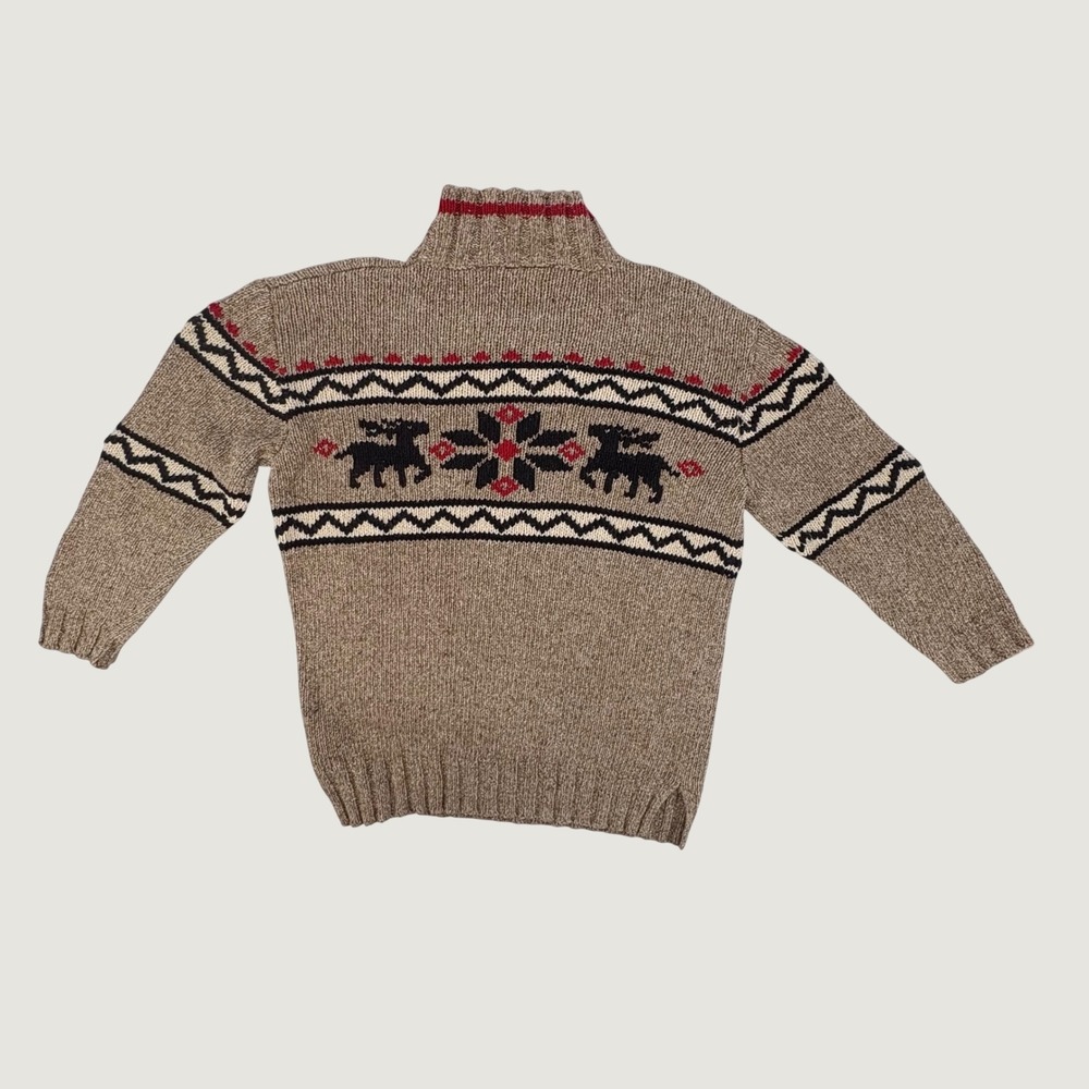 Eddie Bauer Fair Isle Sweater Womens Petite S Tan Silk Wool Reindeer Mock Neck - Picture 3 of 6